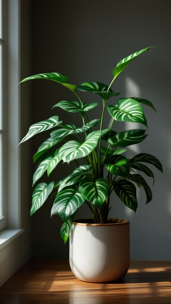 A lush Chinese Evergreen plant in a modern pot, located in a well-lit room with a dark wall.