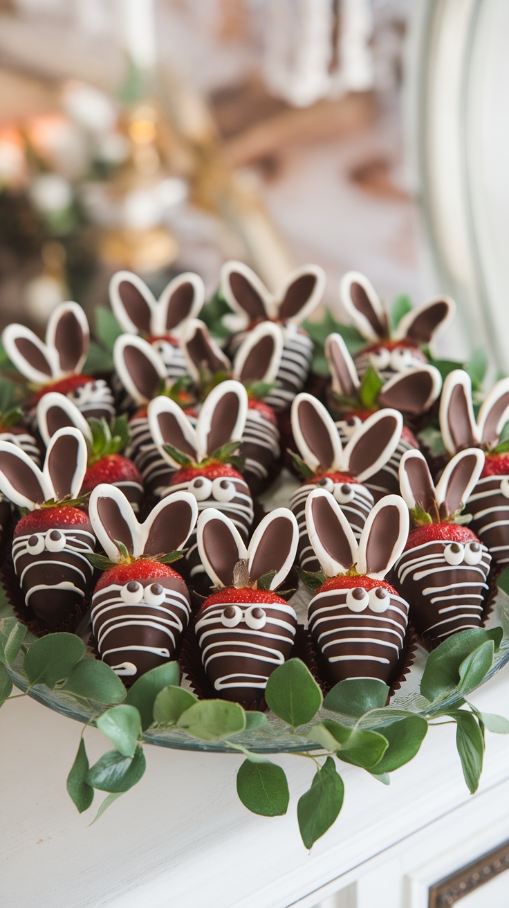 Cute chocolate-covered strawberries designed as bunnies, decorated with white chocolate ears and eyes.
