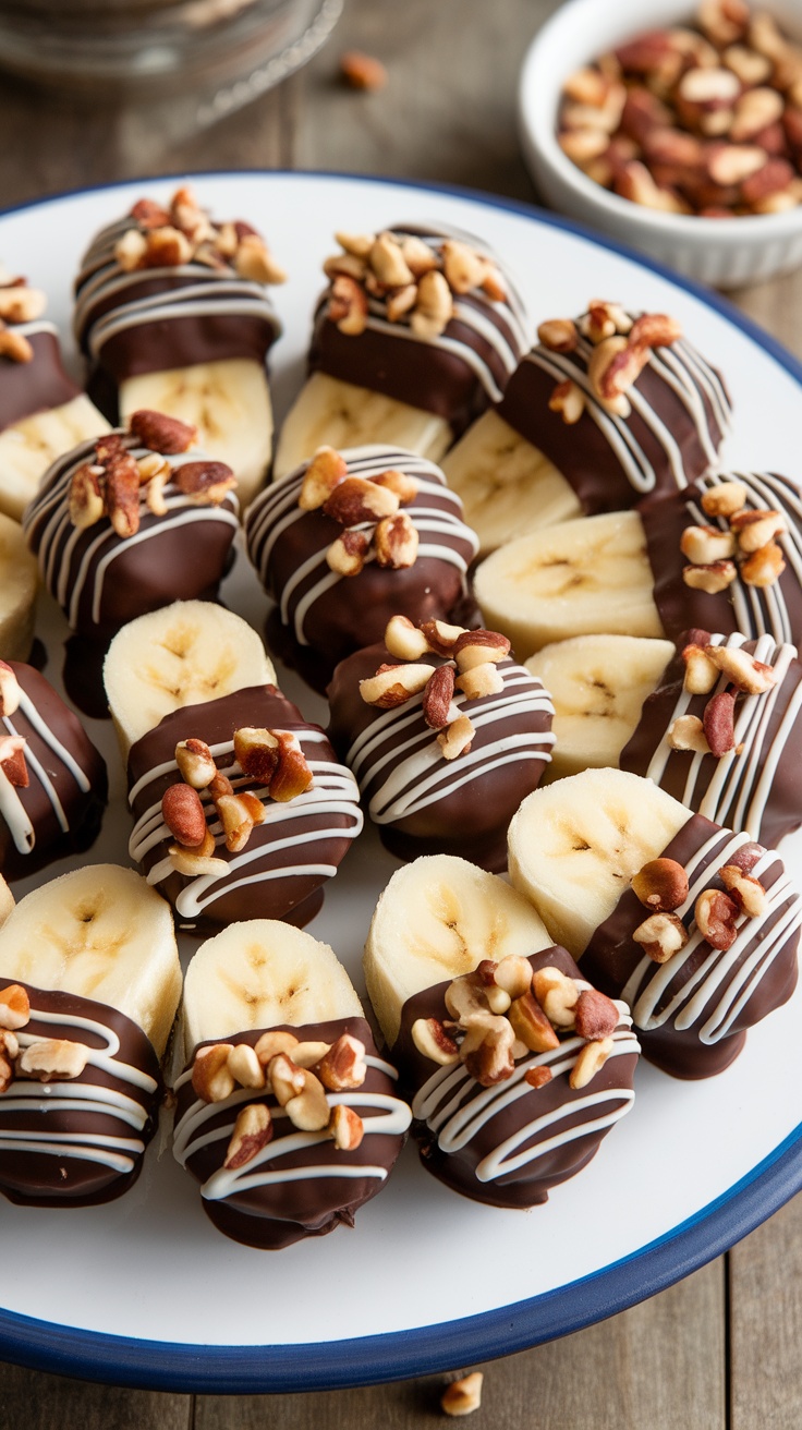Frozen banana bites dipped in chocolate with a nut topping