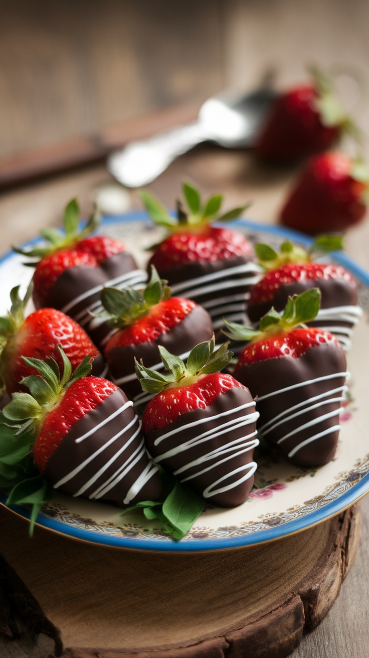 A plate of chocolate-dipped strawberries with white chocolate drizzle.