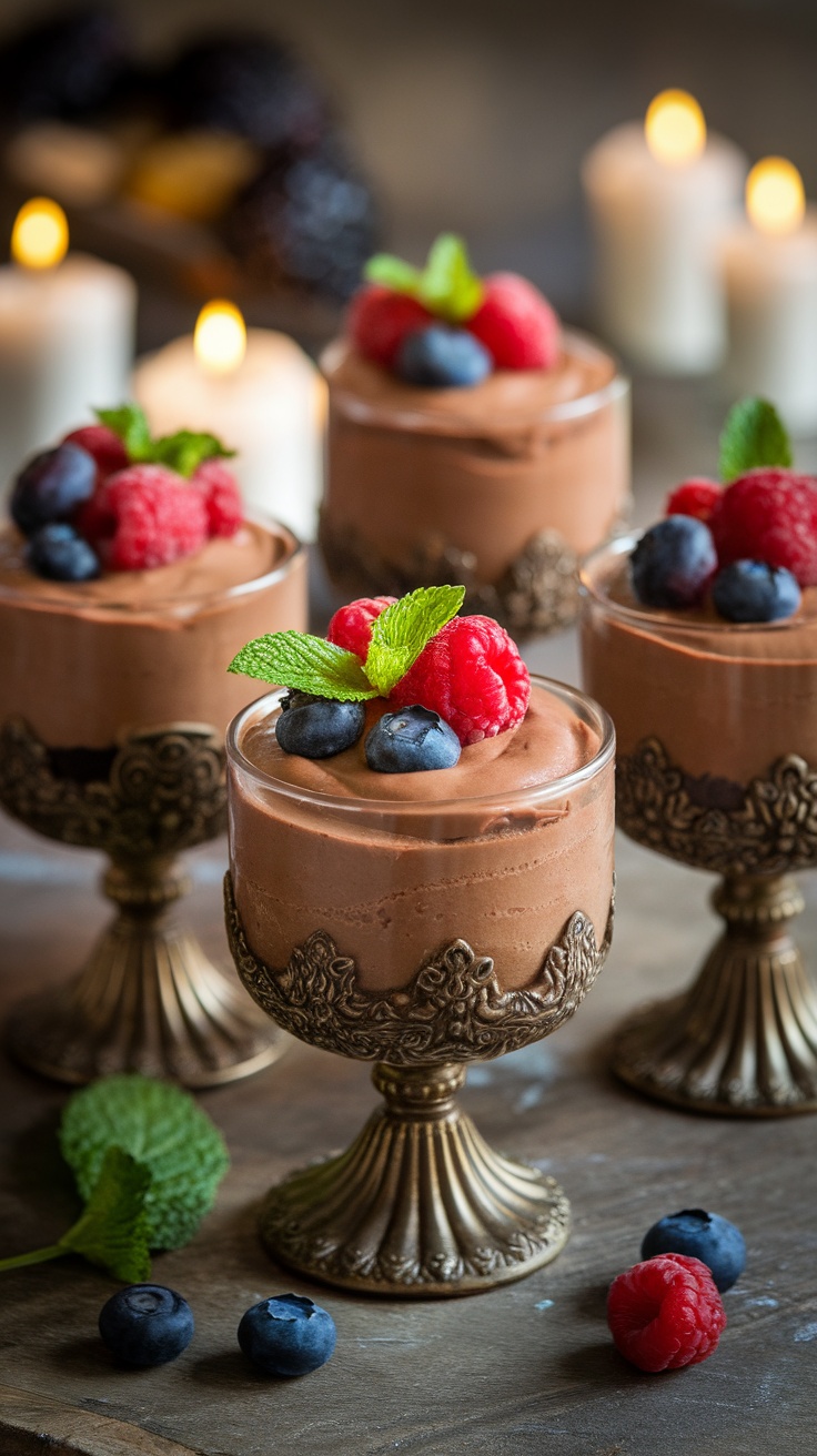 Chocolate avocado mousse cups topped with fresh berries and mint leaves