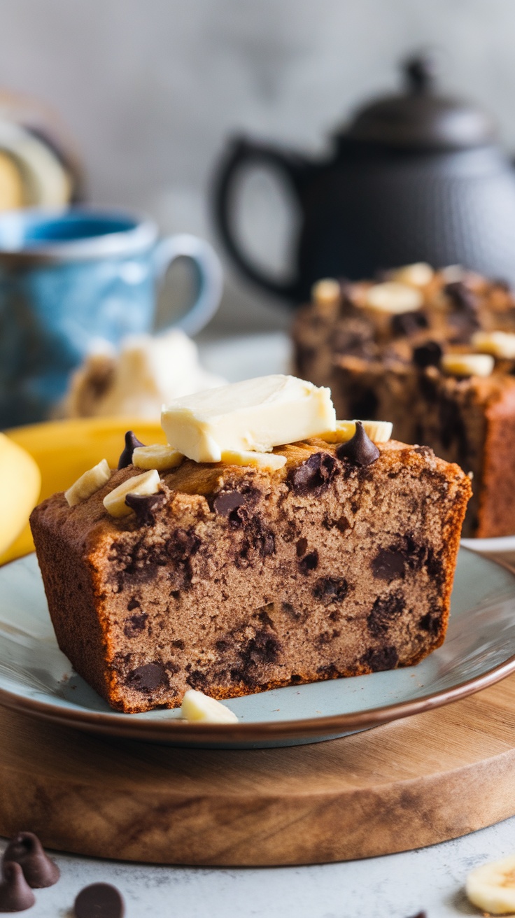 A slice of chocolate chip banana bread topped with butter and banana slices, served on a plate.