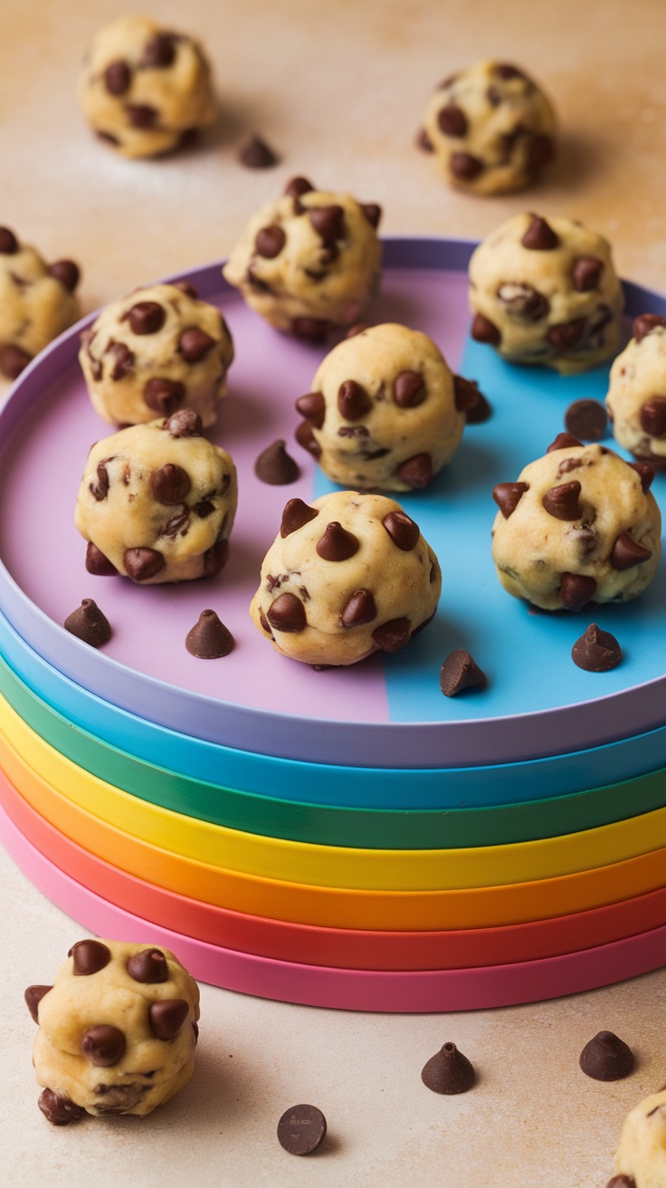 Delicious chocolate chip cookie dough bites arranged on colorful plates.
