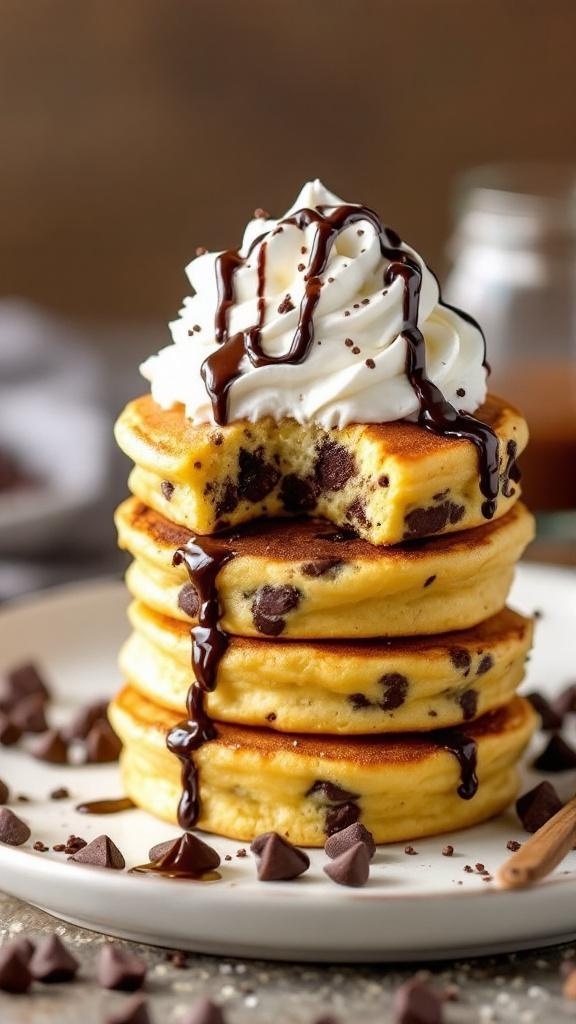 Stack of chocolate chip pancake bites topped with whipped cream and chocolate drizzle