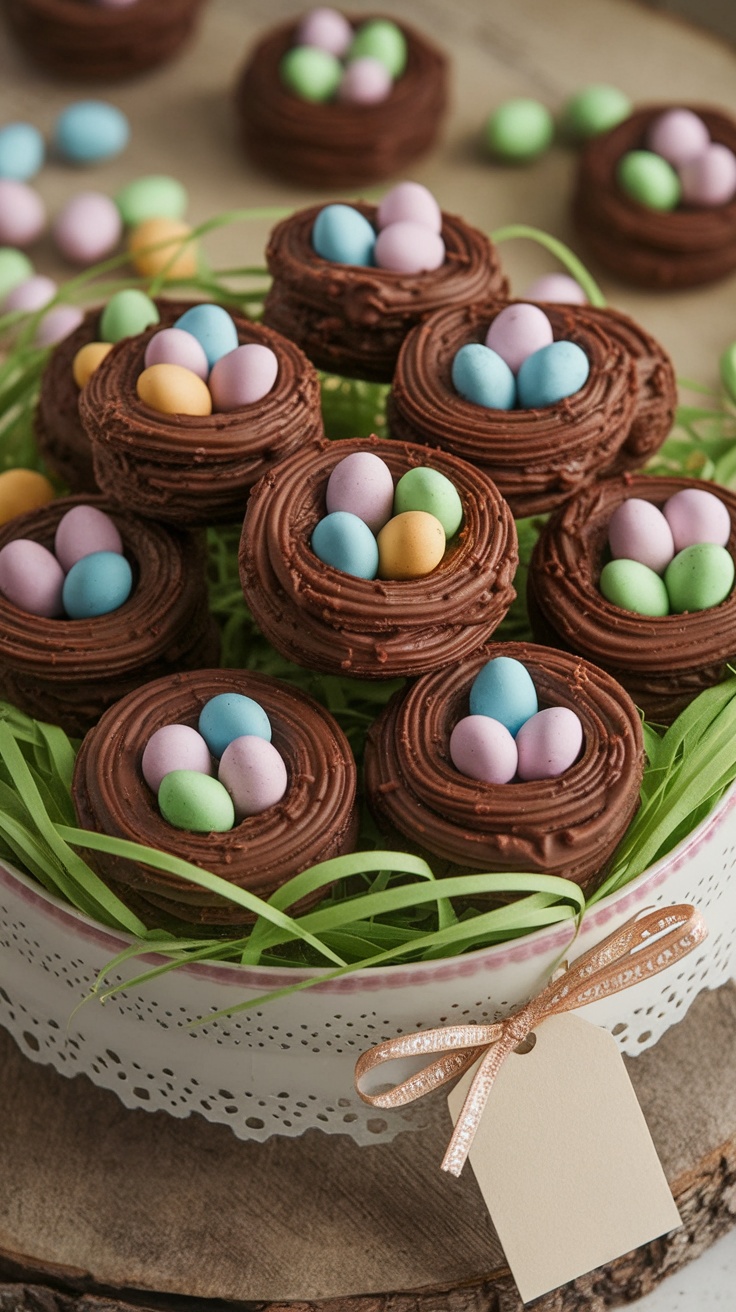 Chocolate egg nest cookies with colorful candy eggs on a decorative plate