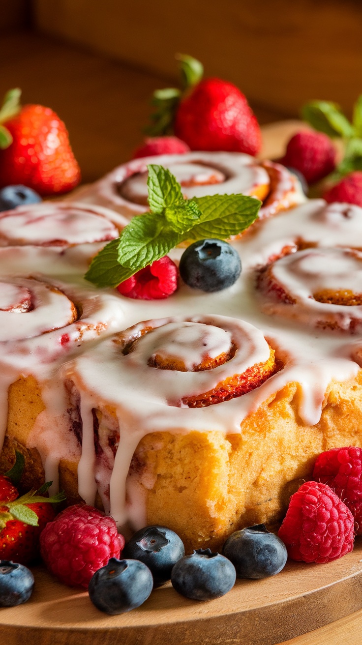 A delicious cinnamon roll casserole topped with creamy frosting and fresh berries.