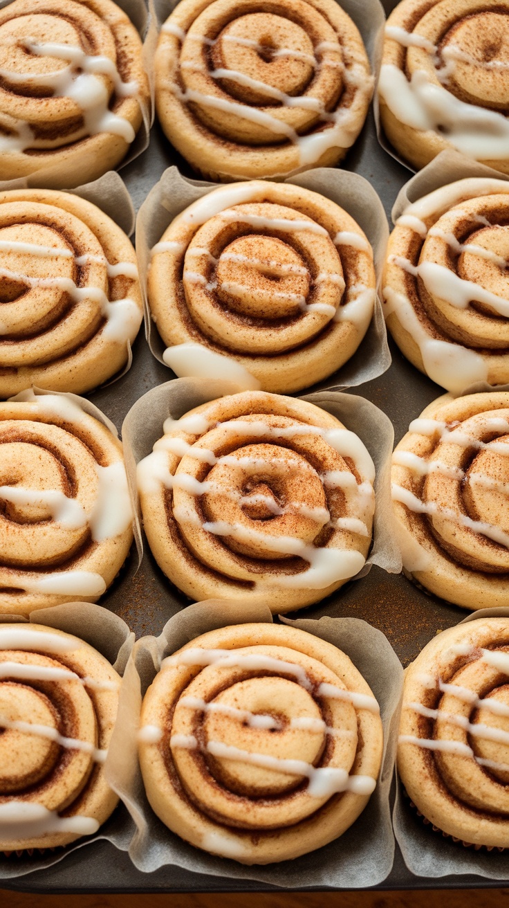 Cinnamon roll muffins topped with icing, showing cinnamon swirls.