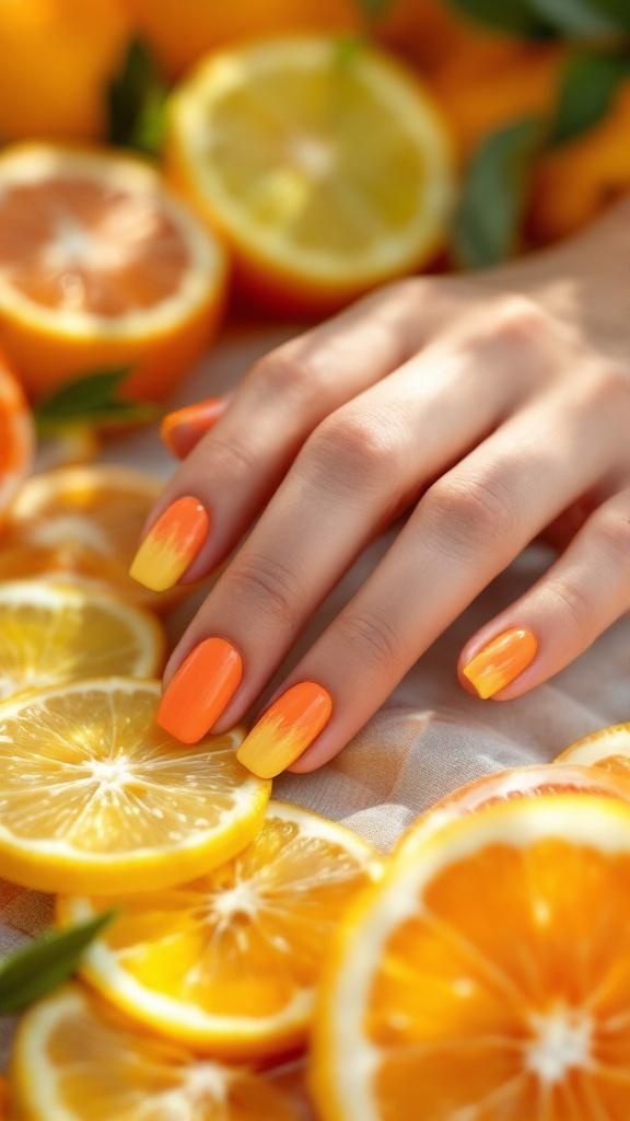 Close-up of hands with colorful citrus-inspired nails surrounded by orange and lemon slices