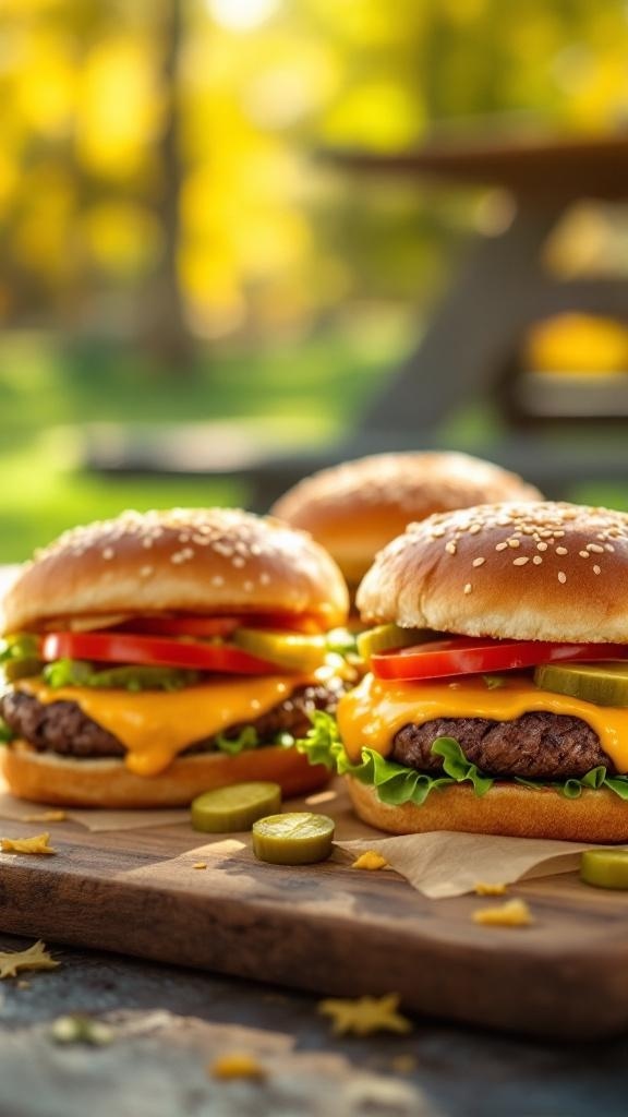 Classic American cheeseburgers with cheese, lettuce, tomato, and pickles on a wooden board.