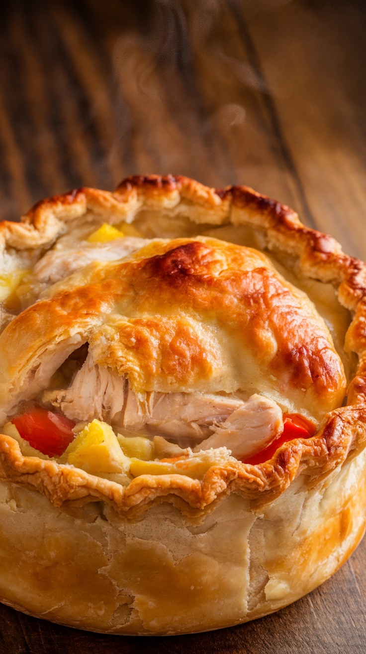 A freshly baked chicken pot pie with a golden flaky crust.
