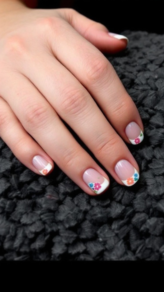 A hand with nails featuring a classic French manicure with pink tips and floral designs, resting on an open book with a small pink rose nearby.