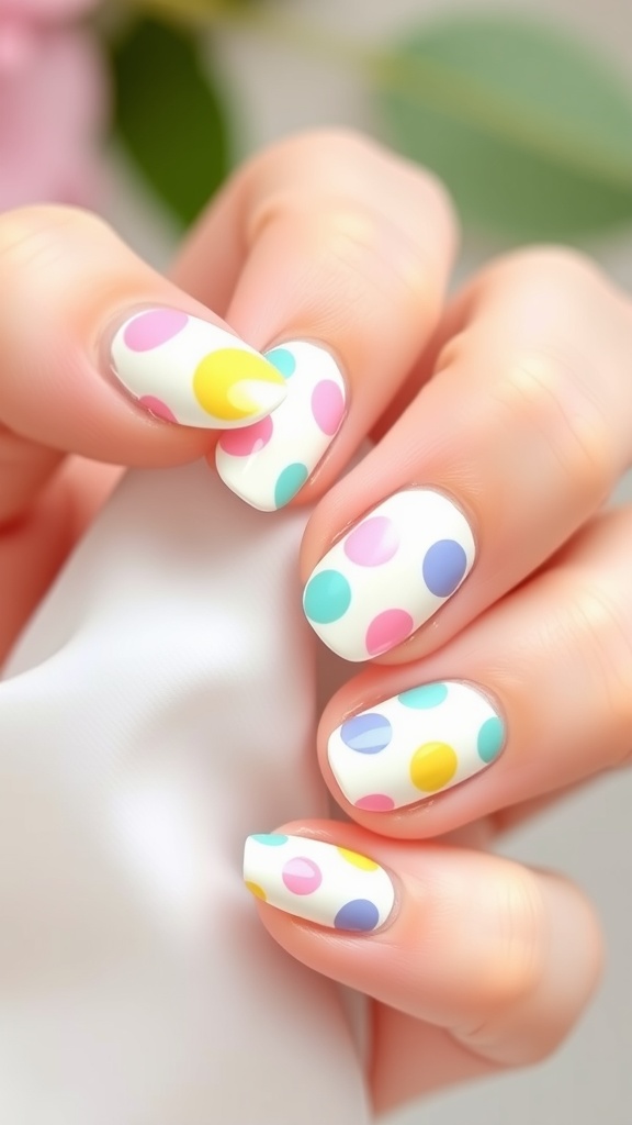 Colorful polka dot nails next to white letters spelling 'NJE'