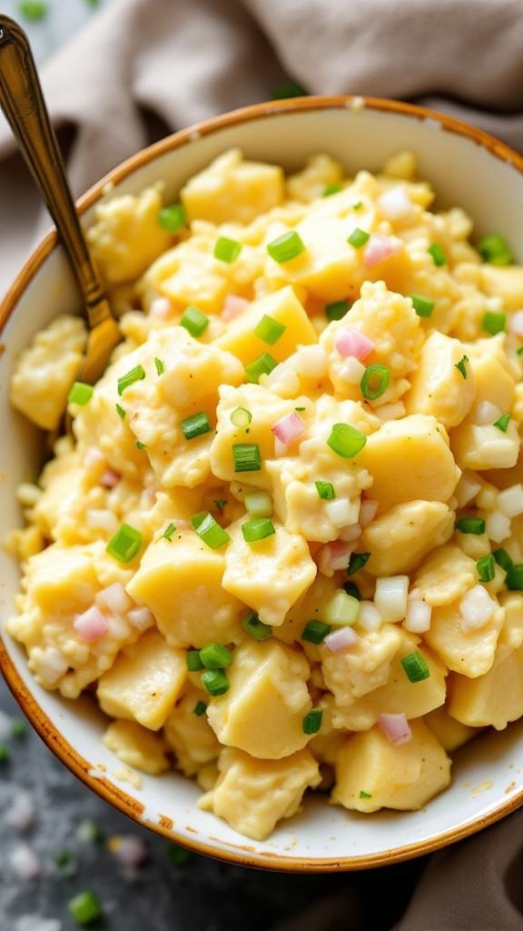 A bowl of classic potato salad with mustard dressing, garnished with green onions.