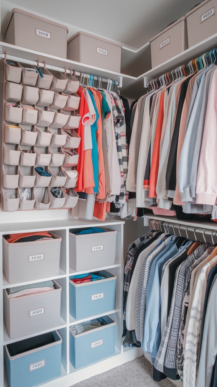 Organized closet with labeled bins and a hanging organizer for efficient storage