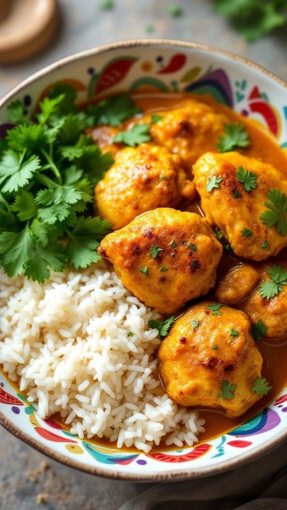 A bowl of Coconut Curry Chicken Thighs served with rice and garnished with cilantro.