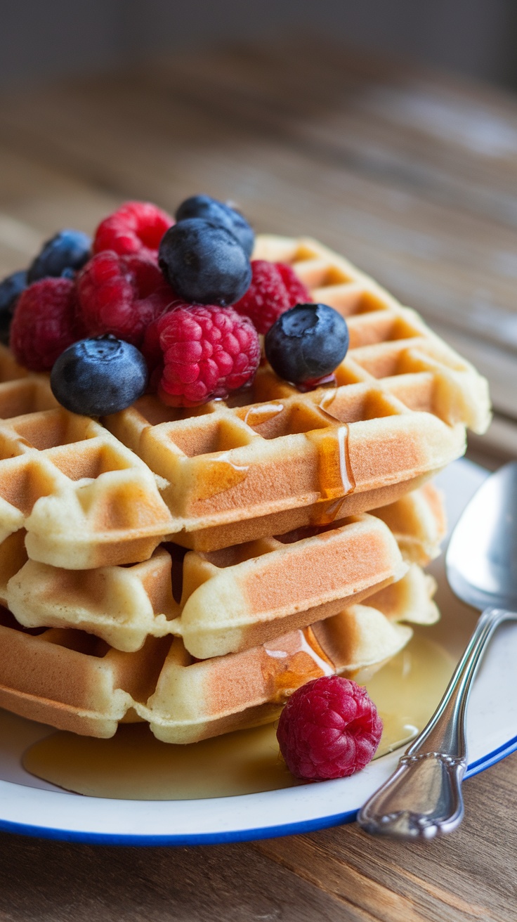 Delicious coconut flour waffles topped with fresh berries and syrup.