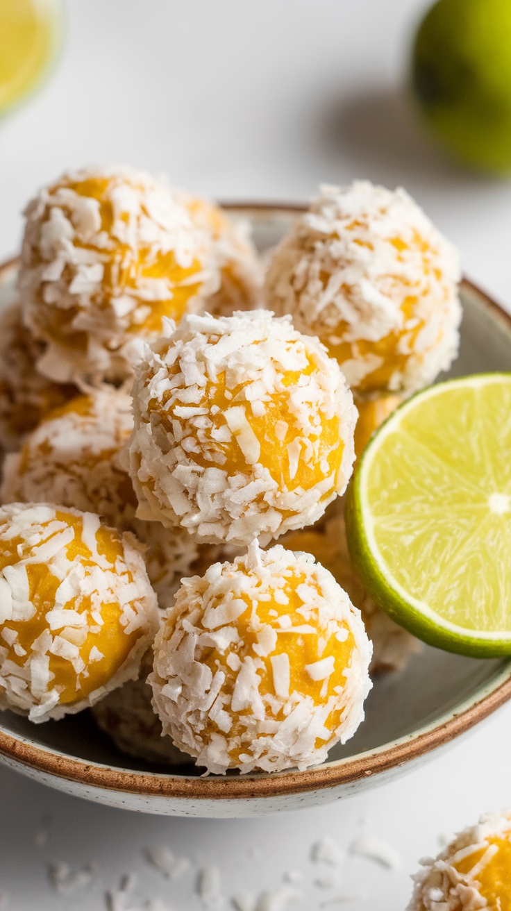 A bowl of Coconut Lime Energy Bites with lime slices.
