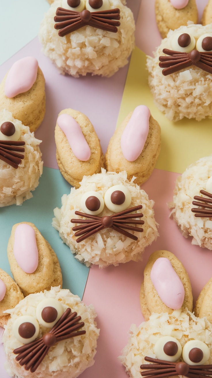 Coconut macaroon bunnies decorated with chocolate and candy.