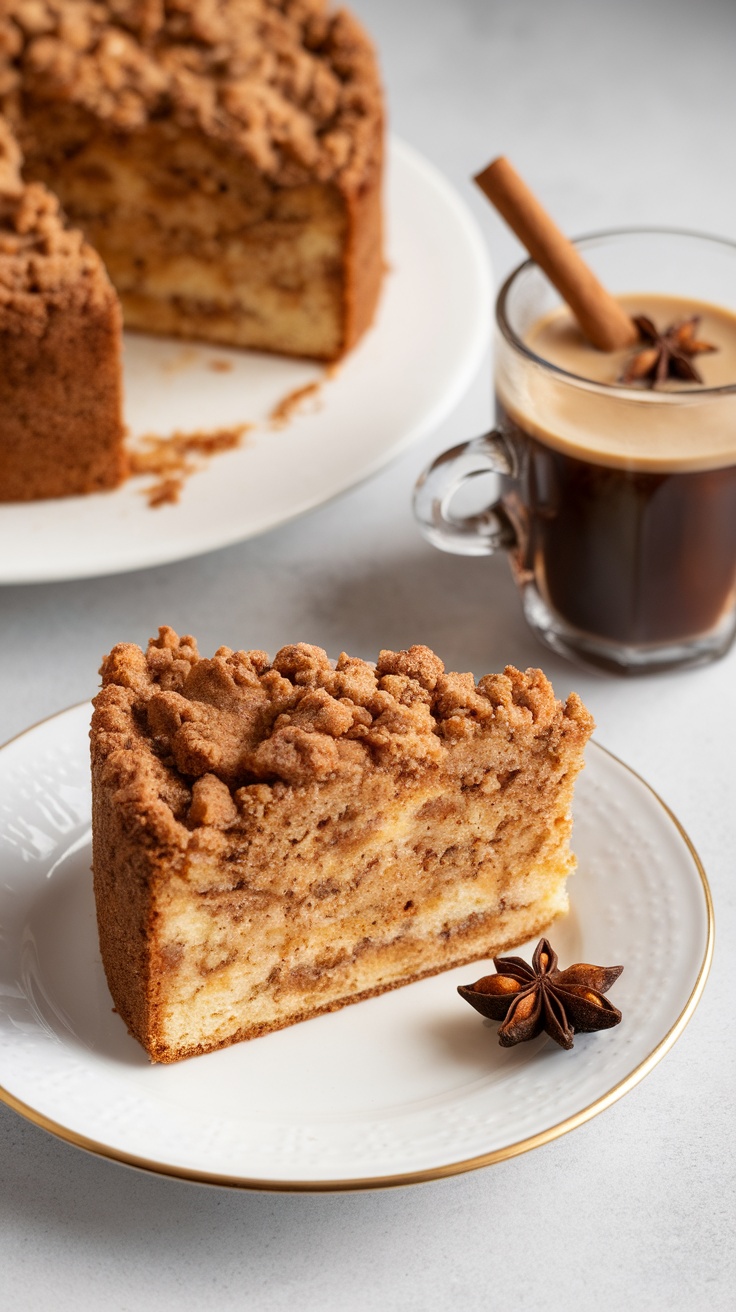 Slice of coffee cake with cinnamon streusel on a white plate next to a cup of coffee