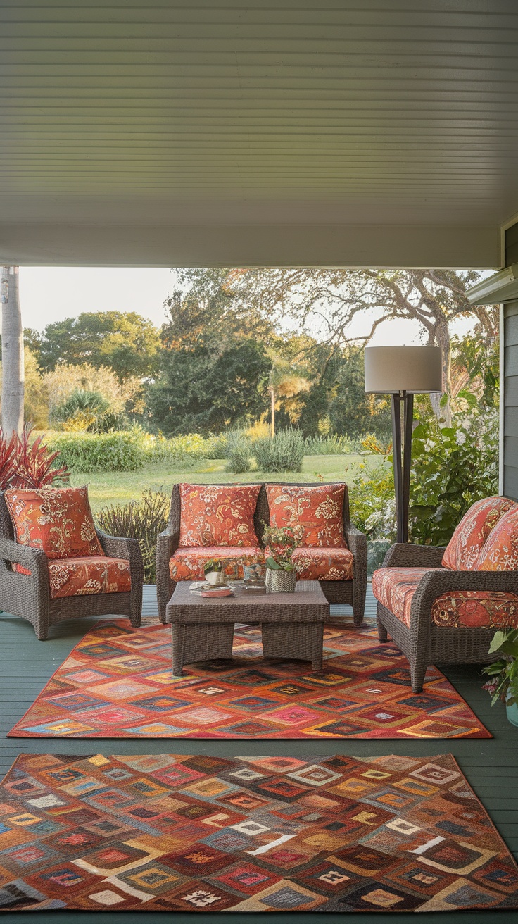Colorful outdoor rug on a porch with chairs and plants