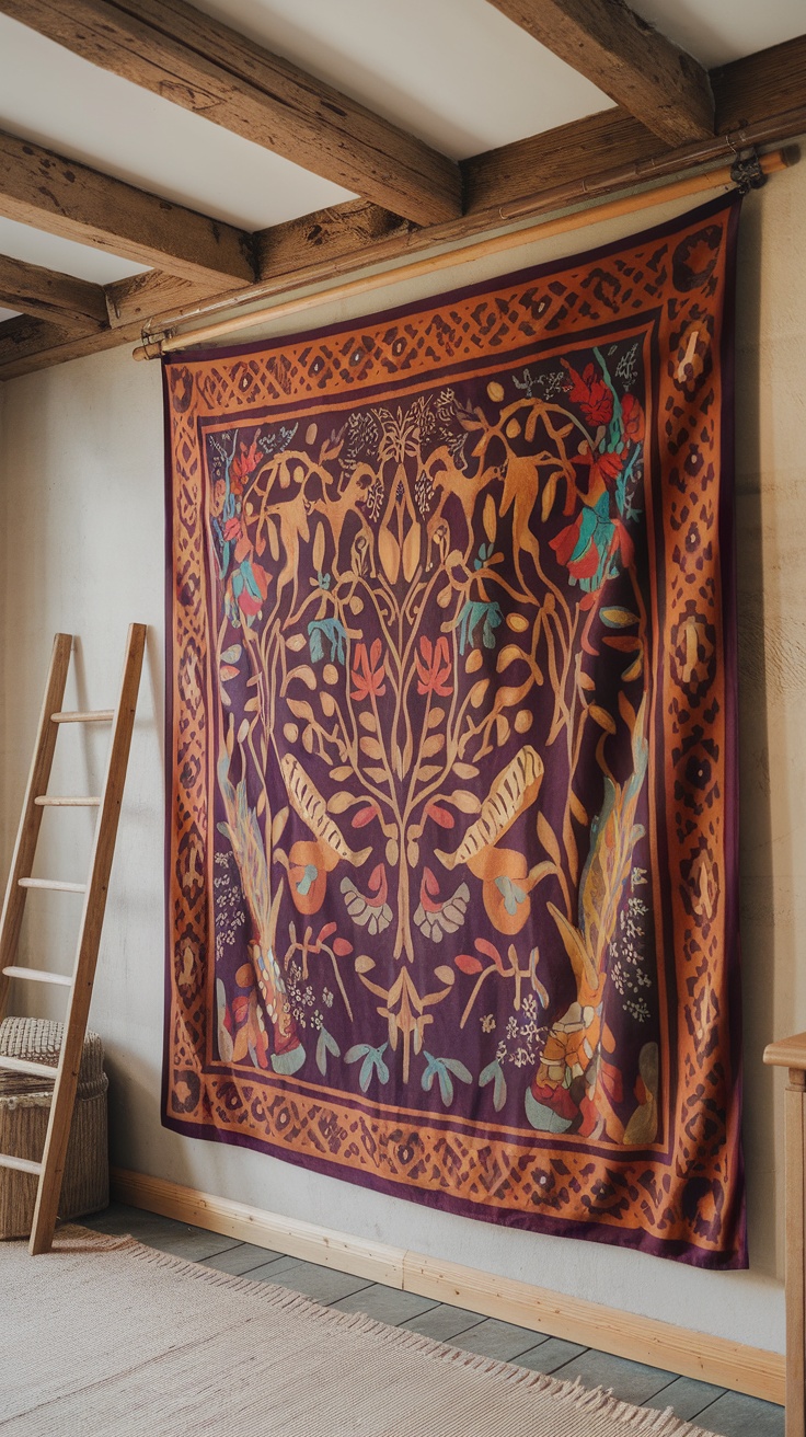 Colorful tapestry with intricate designs hanging on a wall, surrounded by plants and decorative items.
