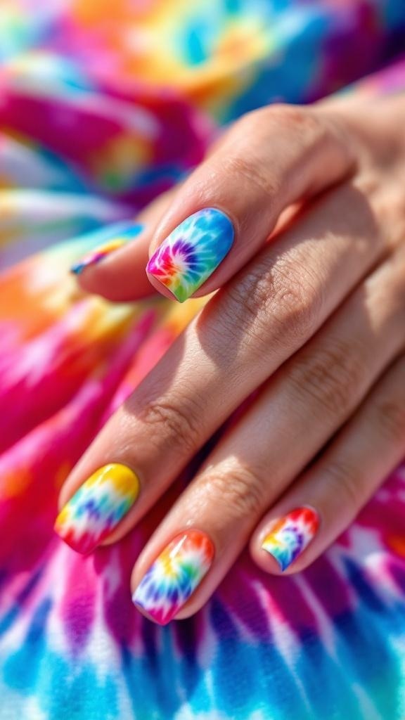 Colorful tie-dye nails with bright hues against a vibrant backdrop.