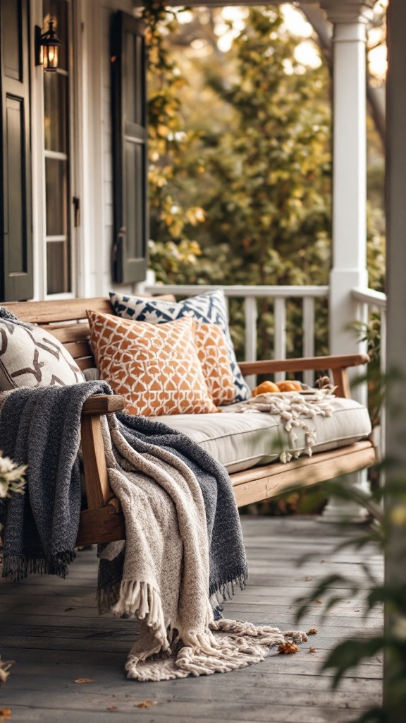 A comfortable porch swing with decorative pillows and cozy throws.