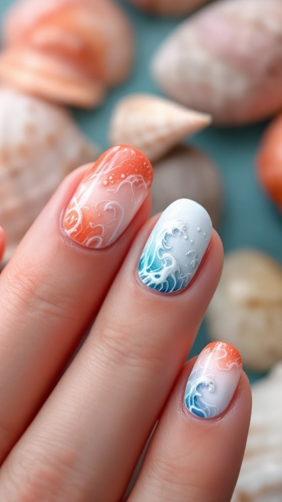 Nail design featuring coral color with wave patterns and seashells in the background.