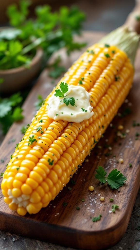 Delicious corn on the cob topped with herb butter and garnished with parsley