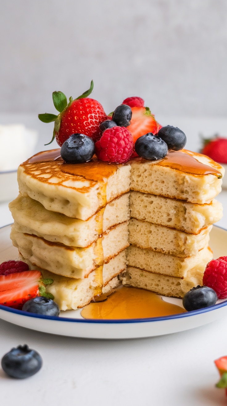 Stack of cottage cheese pancakes topped with fresh strawberries, blueberries, and raspberries, drizzled with syrup.