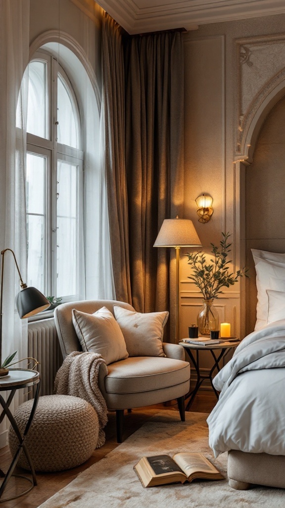 A cozy reading nook featuring a plush armchair, soft pillows, a side table with a candle, and large windows letting in natural light.