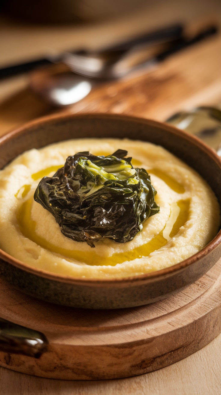 A bowl of creamy polenta topped with sautéed greens and olive oil.