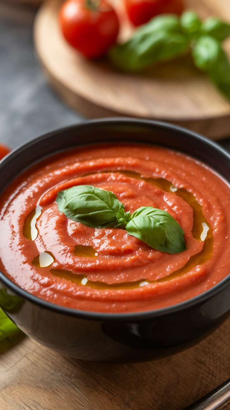 A bowl of creamy tomato basil soup with fresh basil leaves on top