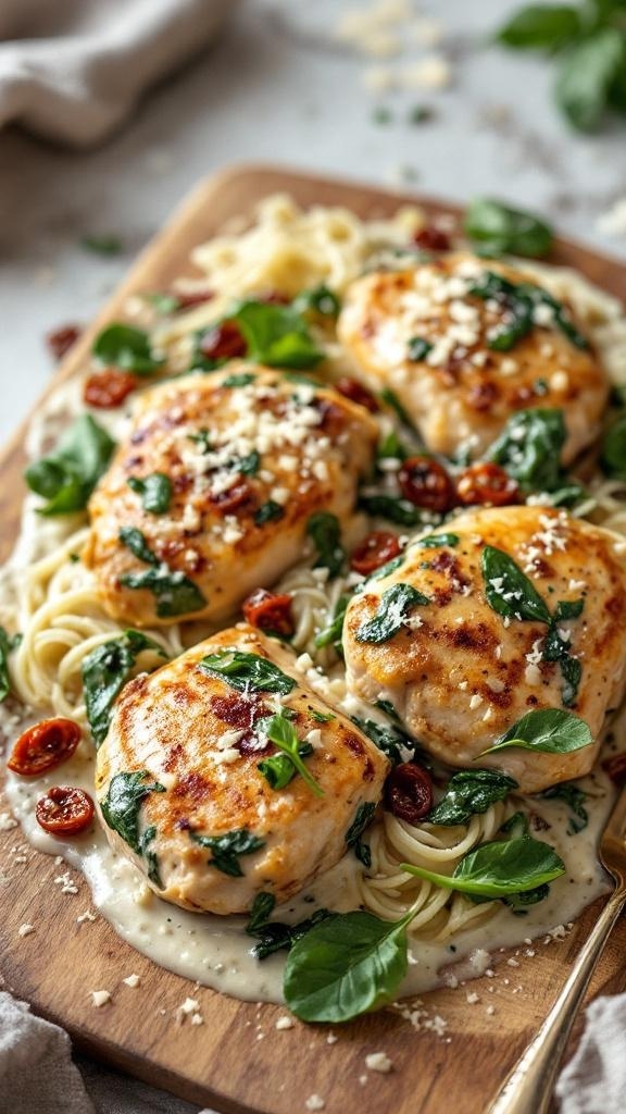 Creamy Tuscan Chicken Thighs with Spinach served on a wooden board