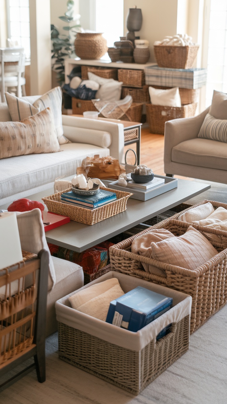 A cozy living room with a coffee table featuring storage baskets and boxes, promoting creative storage solutions for small spaces.