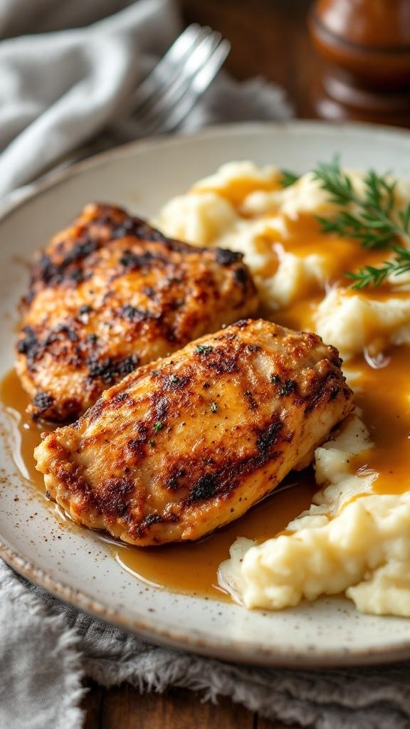 Crispy oven-baked chicken thighs served with mashed potatoes and gravy.