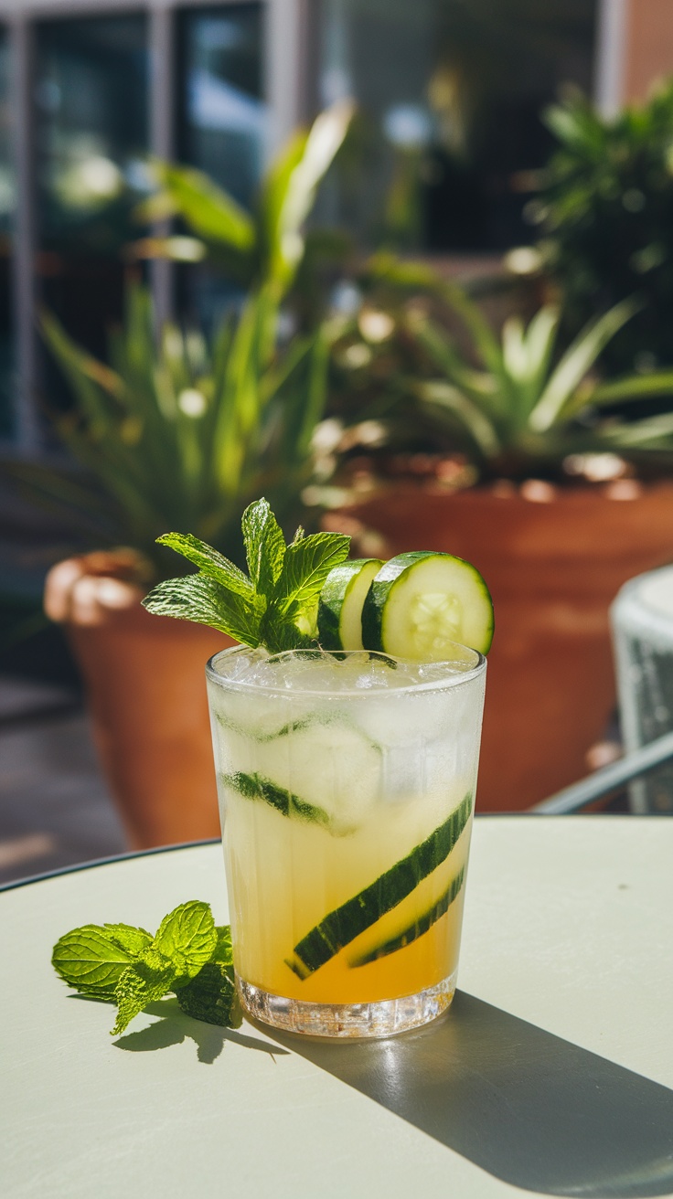 A refreshing Cucumber Mint Cooler cocktail garnished with cucumber slices and mint leaves.