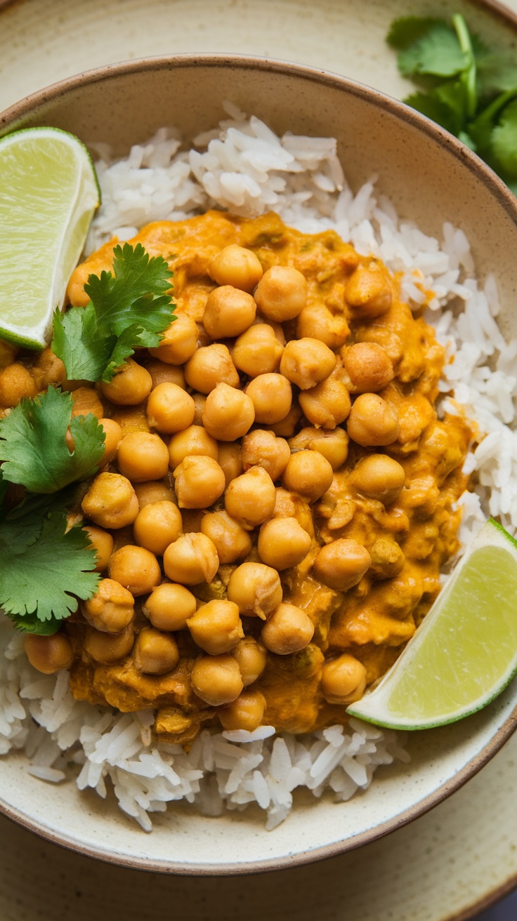 A comforting bowl of curried chickpeas served over rice garnished with cilantro and lime.