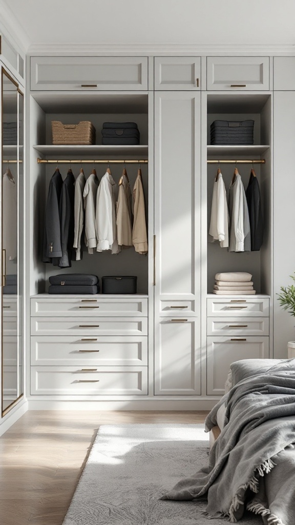 A modern built-in closet featuring light gray cabinetry, gold handles, and organized storage for clothes and accessories.