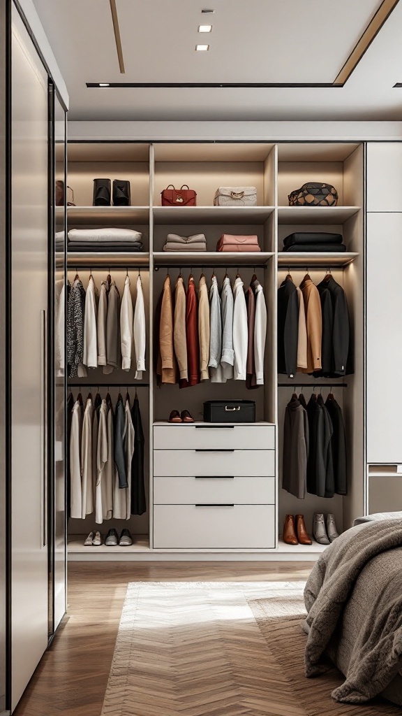 A luxurious custom built-in closet with organized clothing and accessories.