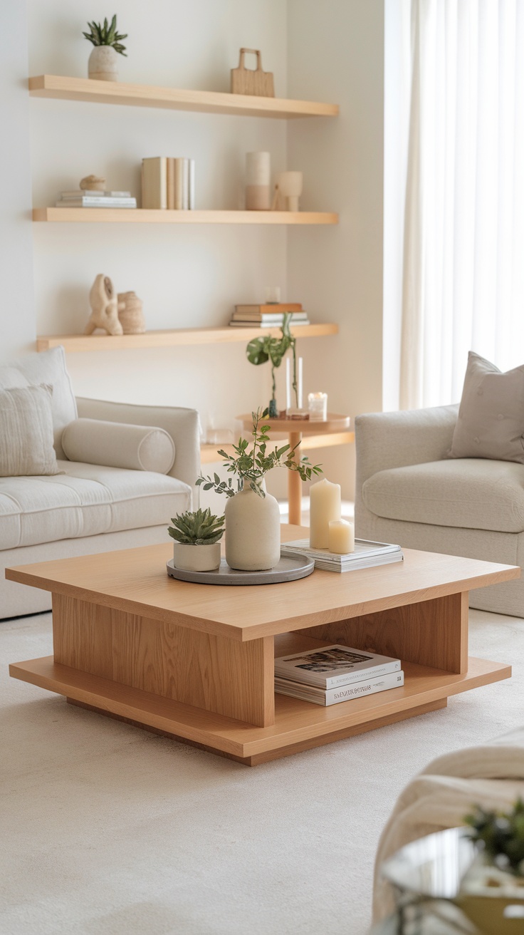 A customizable modular wood coffee table with a lower shelf, surrounded by a light and airy living space.