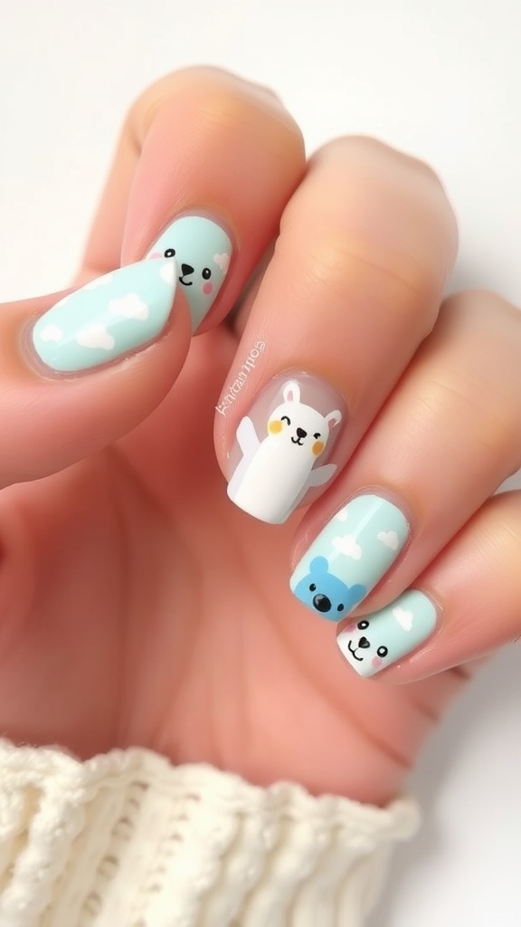 Cute cartoon character nail art with a soft blue background and fluffy clouds
