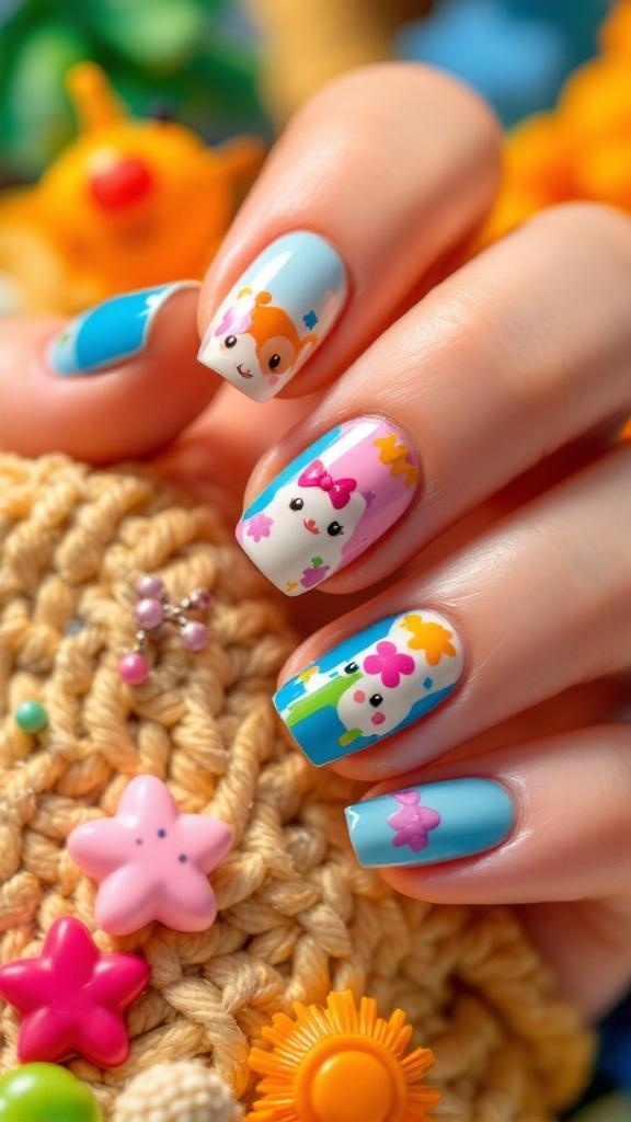 Nail art featuring cute cartoon characters and colorful accessories.