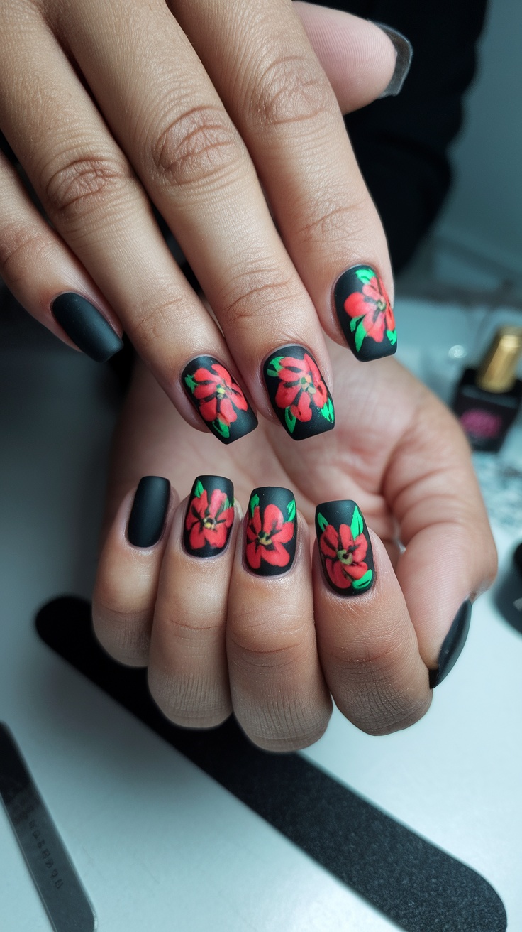 Close-up of hands with dark floral nail art featuring black base and red flowers.