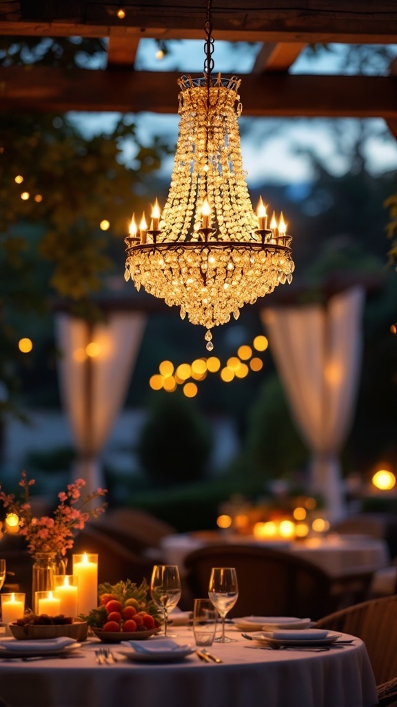 Outdoor chandelier illuminating a dining setup with candles and fruits