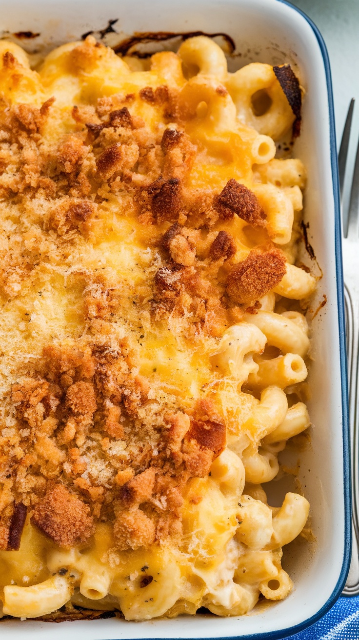 A serving of baked macaroni topped with a golden breadcrumb crust and melted cheese