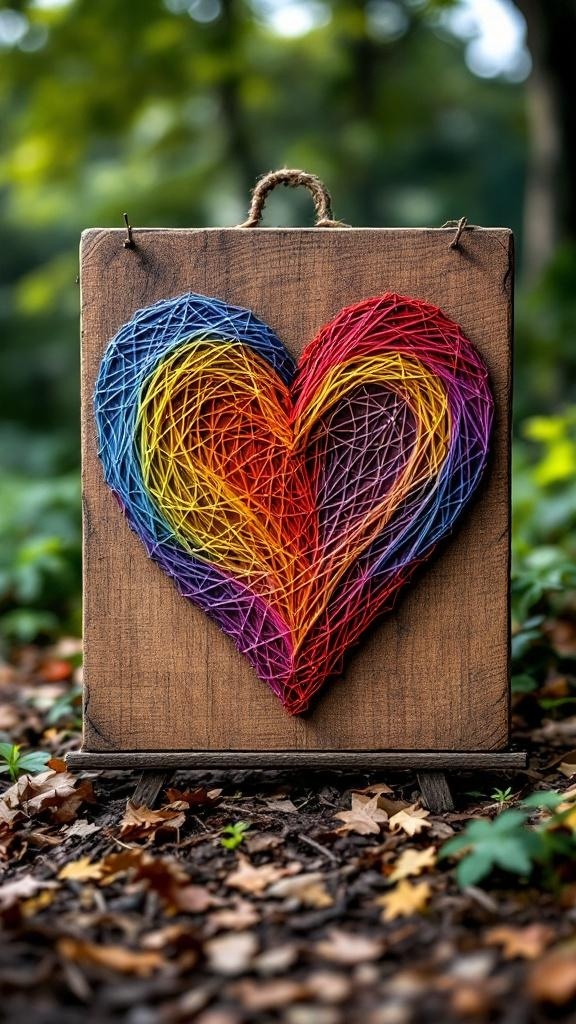 Colorful string art heart design on a wooden board