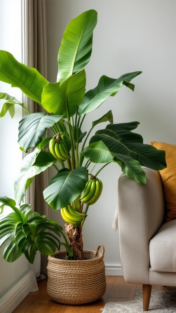 A vibrant dwarf banana plant in a pot with green bananas hanging from the stem, placed in a cozy indoor setting.