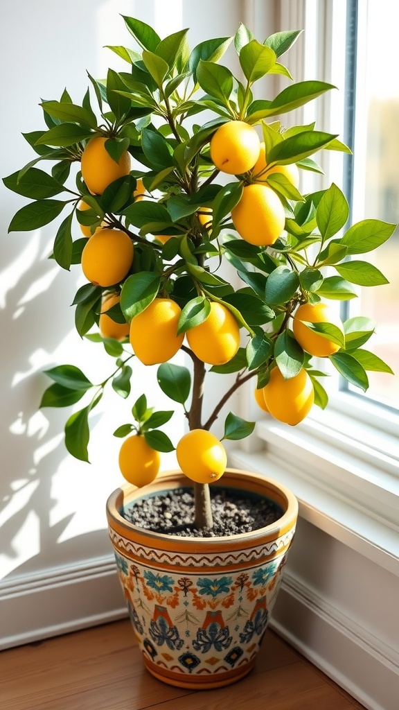 A Dwarf Meyer Lemon Tree in a decorative pot, bearing bright yellow lemons near a window.