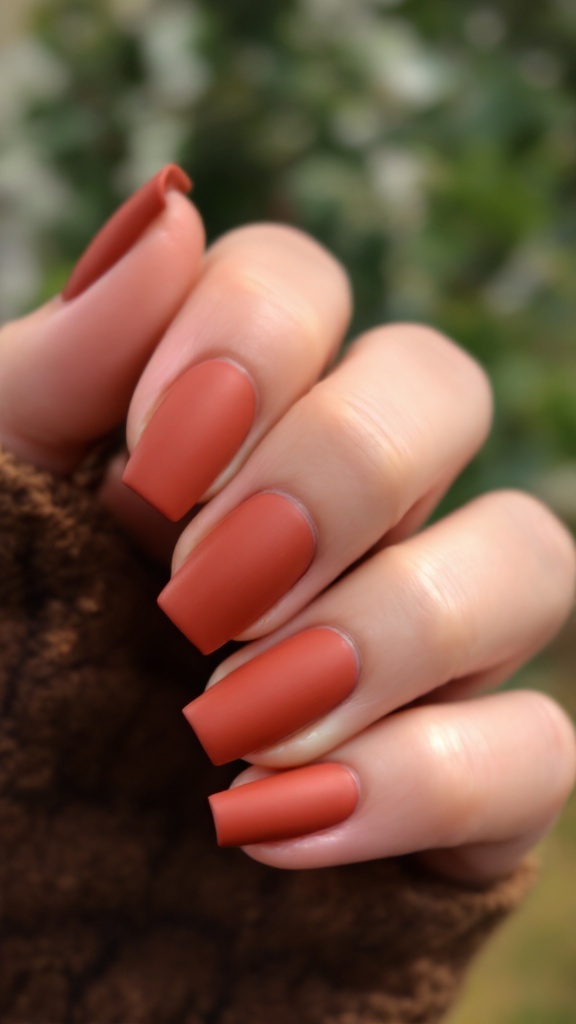 Three matte terracotta nail tips on a wooden surface, surrounded by natural elements.